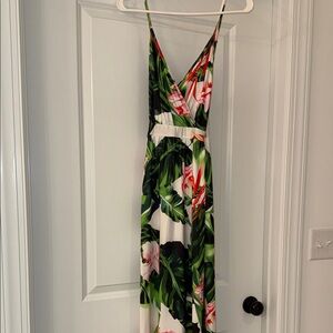Tropical Print V-Neck Maxi Dress - Green & White